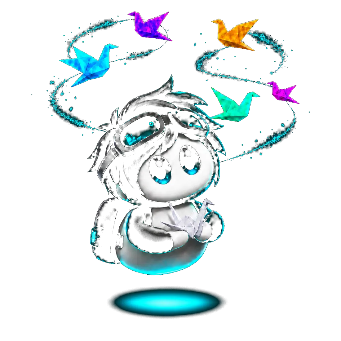 Promptadora mascot floating with origami cranes